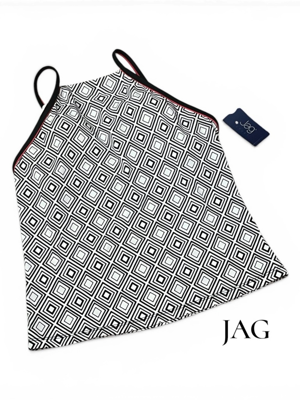 JAG Geo Print Spaghetti Strap Tank in Black & White with Red Trim (L)